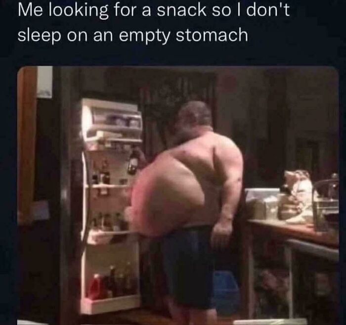 A meme of a very obese man standing in front of an open refrigerator at night. Ancient memes that still crack people up.