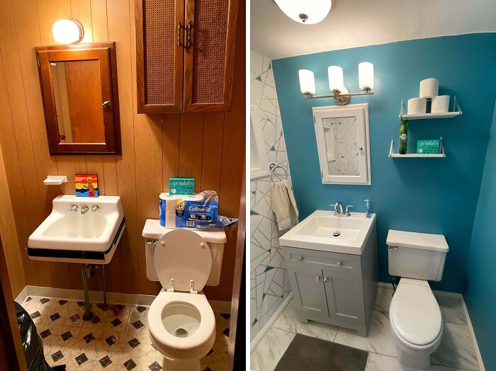 A before-and-after of a home improvement project: a dated bathroom with wood panels updated to a bright, modern space with blue walls.