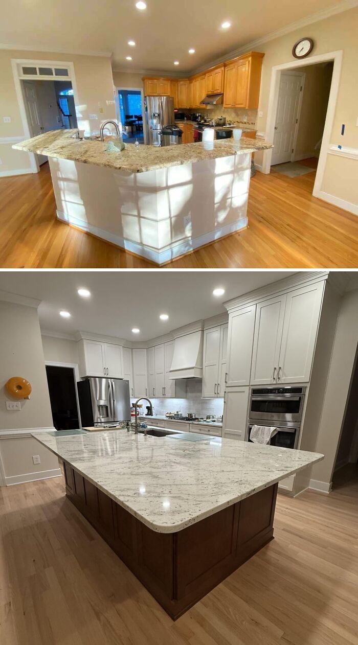 Before and after of a home improvement project: kitchen with a light granite island and light wood cabinets, updated to a dark wood island and white cabinets.
