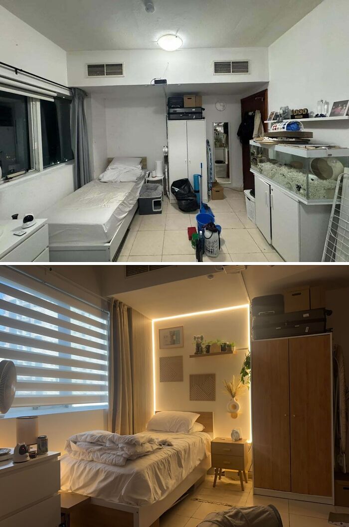 Before and after of a home improvement project: a messy bedroom with a single bed and a fish tank transformed into a modern, organized room with LED lighting.