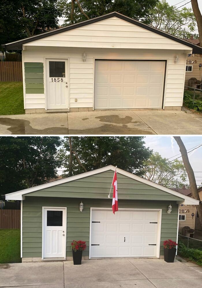 Before and after of a home improvement project: white garage with green trim transformed to a green garage with white trim and a Canadian flag.