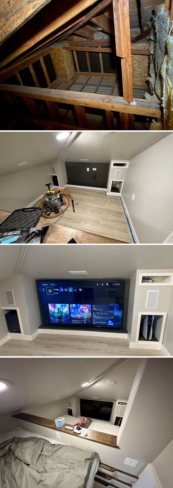 Before and after of a home improvement project: attic converted into a finished room with a large TV and shelving, transforming unused space.