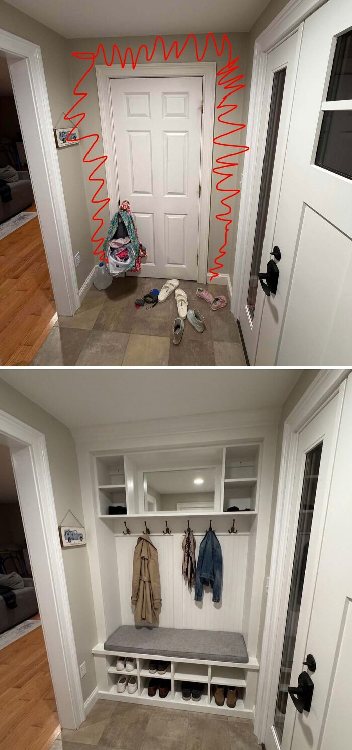 A before-and-after of a home improvement project: a messy entryway transformed into an organized mudroom with storage and a bench.