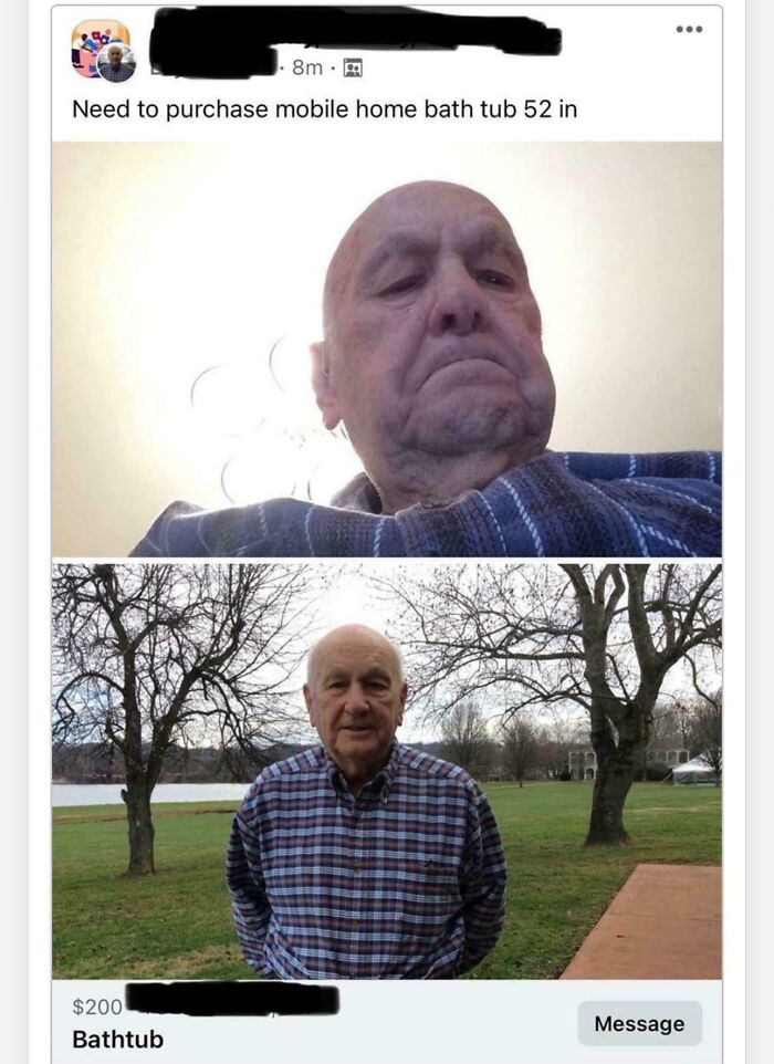 Elderly people using social media incorrectly: A man accidentally posts selfies while trying to sell a mobile home bathtub online.