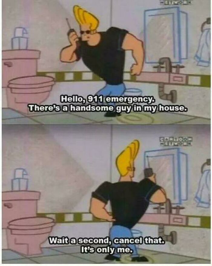 Johnny Bravo cartoon ancient meme calling 911 for a handsome guy in his house, then realizing it's himself.