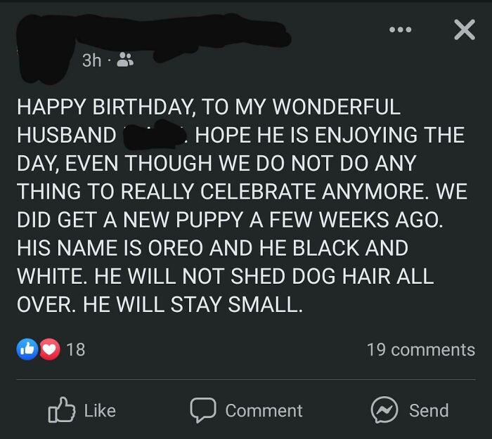 A screenshot of a humorous elderly person's long, rambling birthday message on social media for her husband. Unsupervised internet access.
