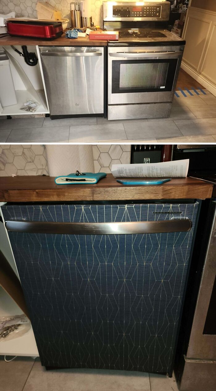 A before-and-after of a home improvement project: a kitchen with an old dishwasher replaced by a modern one with a decorative panel.