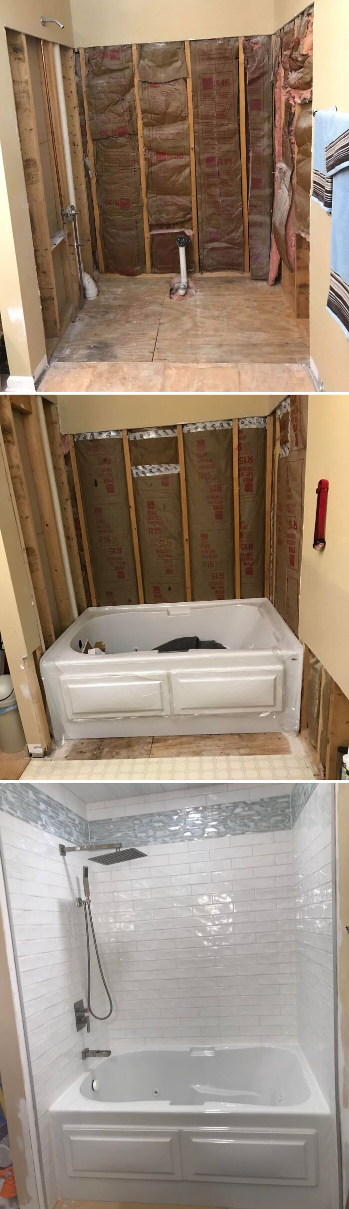 Multi-stage home improvement project showing a bathroom renovation from studs to finished tub and tiled shower.