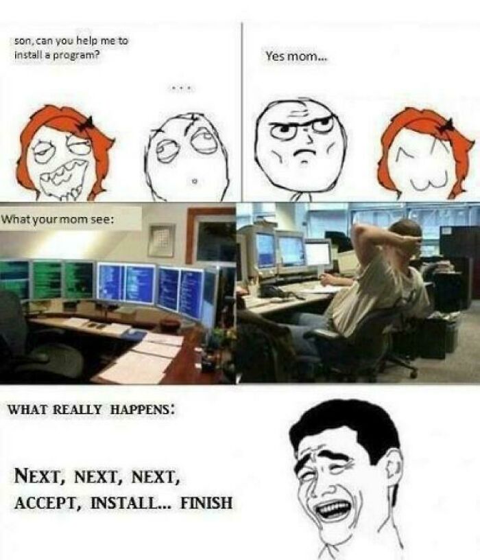 A multi-panel ancient meme showing a son helping his mom with a program, illustrating different perspectives.