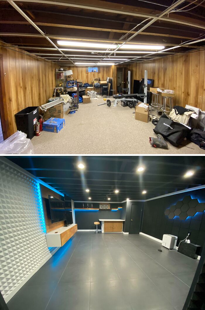 Before and after of a basement home improvement project, transforming a cluttered space into a sleek, modern entertainment area.