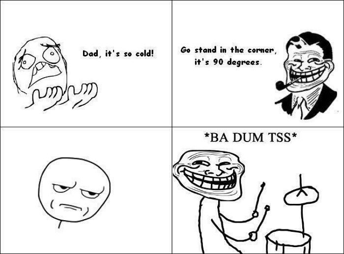 A four-panel comic featuring troll face dad joke about the cold. This ancient meme still cracks people up.