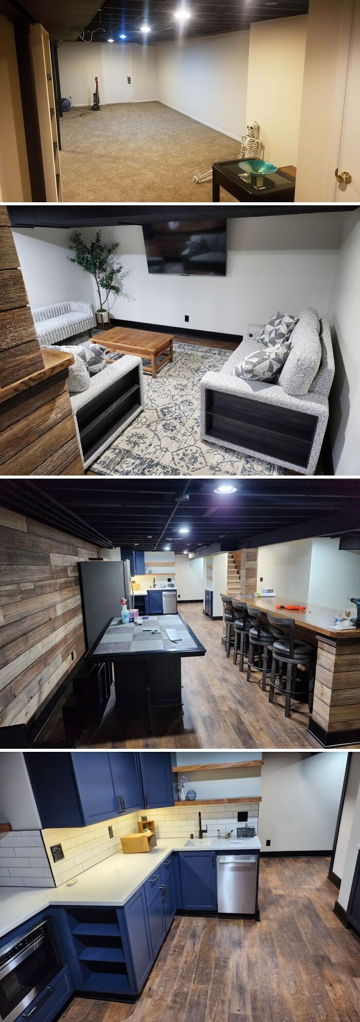 Before and after of home improvement projects in a basement, transformed into a modern living area, kitchen, and bar.