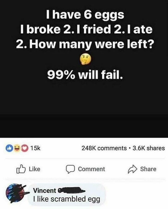 A Facebook post with a math riddle and a funny, unrelated comment from elderly people about scrambled eggs.