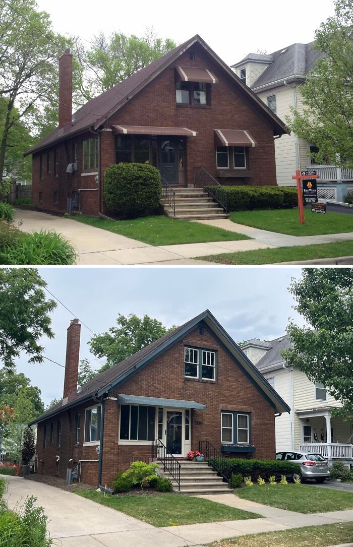 Before and after of a brick house, showcasing home improvement projects on the exterior.