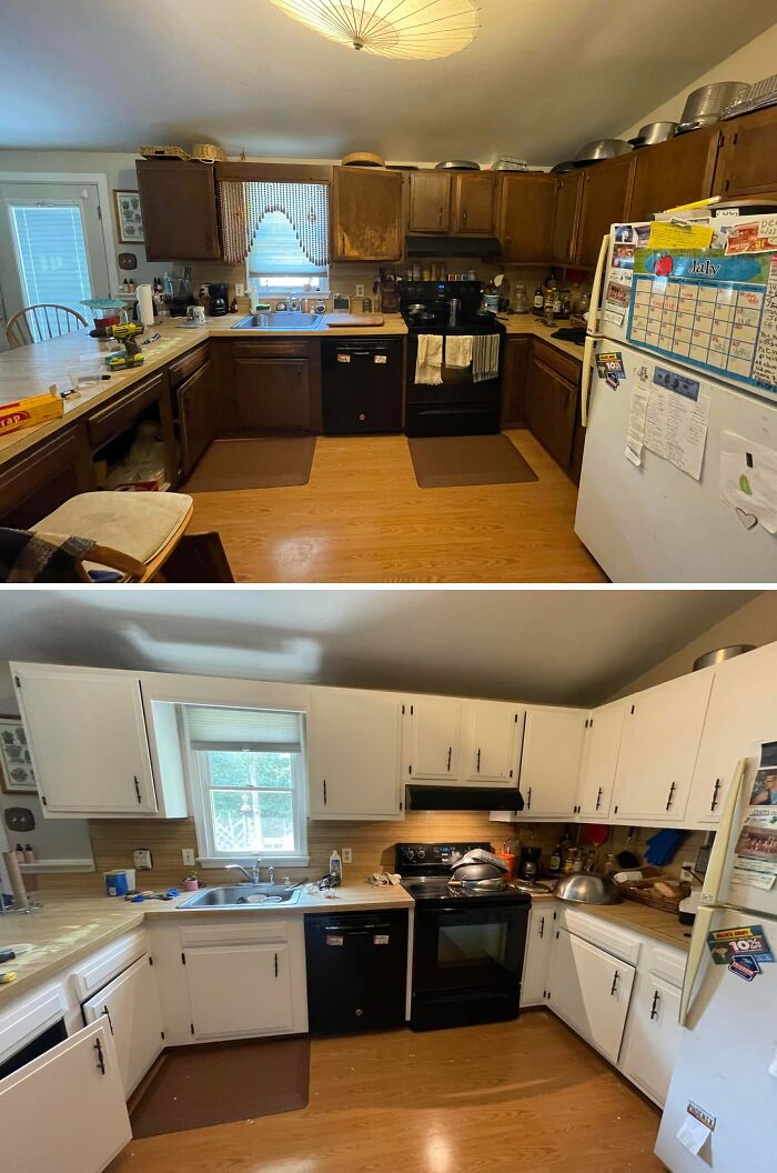 Before and after of a home improvement project: kitchen with dark wood cabinets and a light wood floor updated to white cabinets and a new counter.