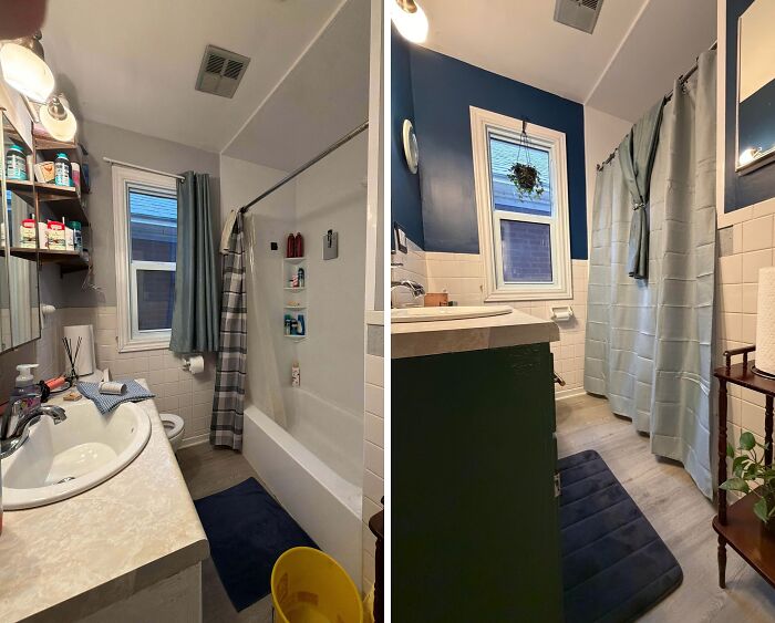 Before and after of a bathroom, featuring home improvement projects with new paint colors and updated decor.