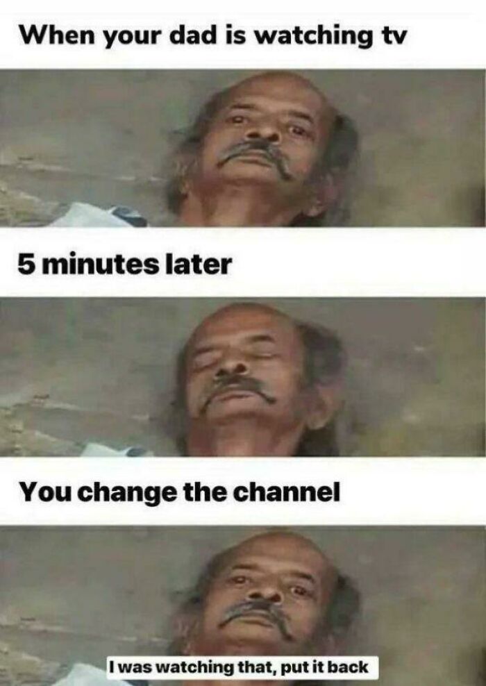 Three panels showing a man watching TV, falling asleep, then glaring after the channel changes. One of many ancient memes that still crack people up.