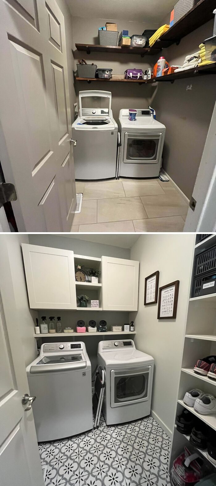 Before and after of a laundry room, displaying home improvement projects including new shelving and floor tiles.