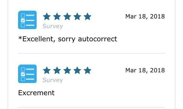 An image demonstrating unsupervised access to the internet, showing an autocorrect mistake in a five-star review.