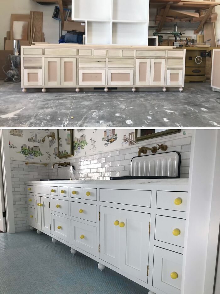 Custom-built wooden vanity before and after, showcasing the home improvement project with white paint and yellow knobs.