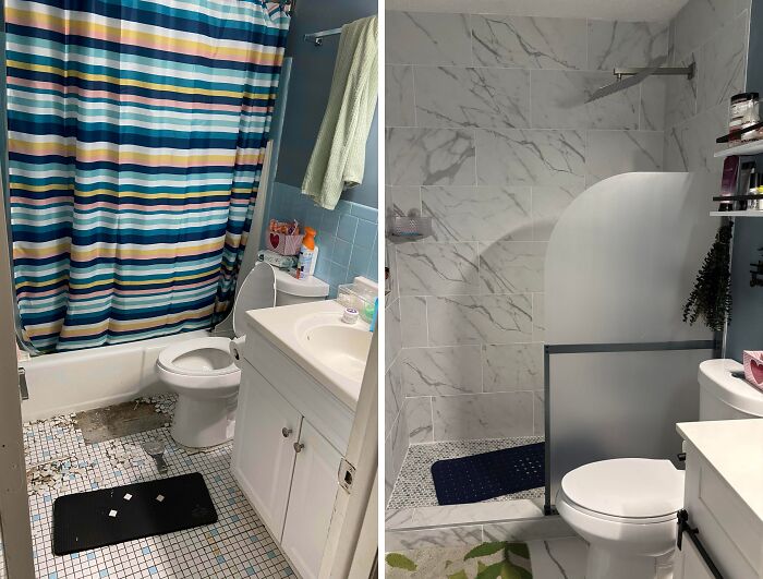 Before and after of a bathroom showing a major home improvement project, from old tiles to a modern marble shower.