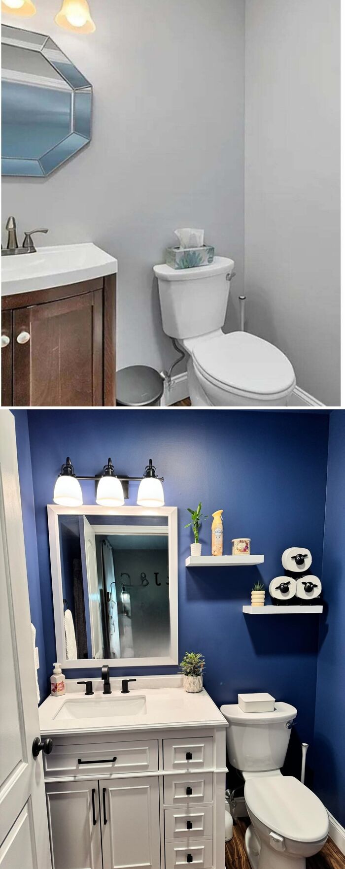 A before-and-after of a small bathroom, illustrating remarkable home improvement projects.