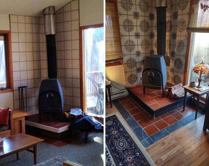 A before-and-after view of a living room with a fireplace, displaying proud home improvement projects.