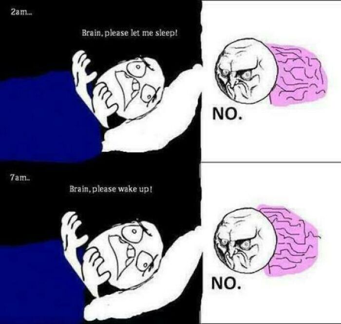 A comic strip meme about the brain not letting a person sleep at 2 AM or wake up at 7 AM. This is an ancient meme.