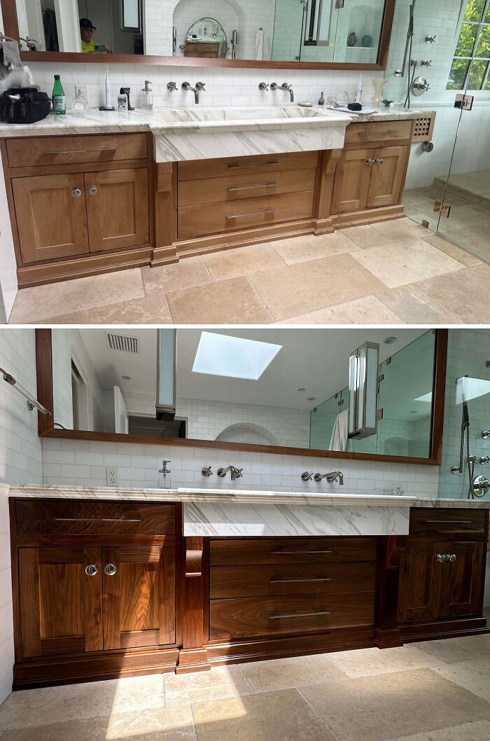 A before-and-after of a bathroom vanity, showcasing impressive home improvement projects.