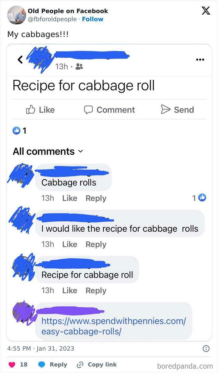 Elderly people humorously asking multiple times for a cabbage roll recipe, proving internet access can be a challenge.