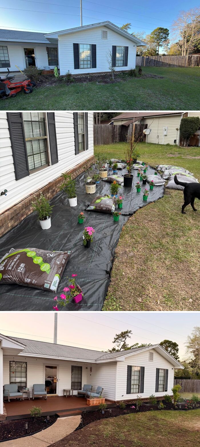A before-and-after of a home exterior and yard, highlighting a home improvement project to create a new patio.