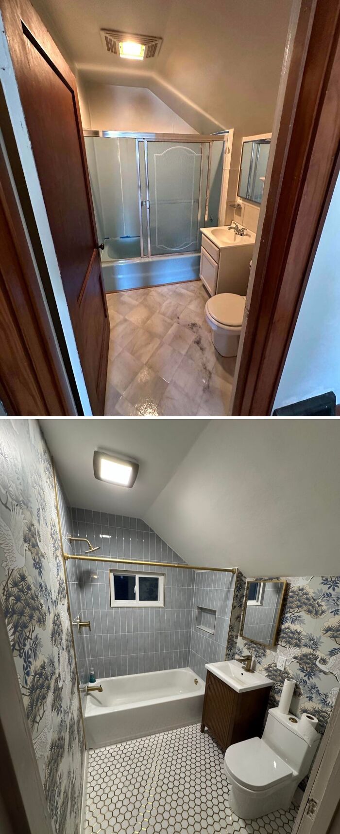 A before-and-after of a small bathroom showcasing a home improvement project with updated tiles and fixtures.