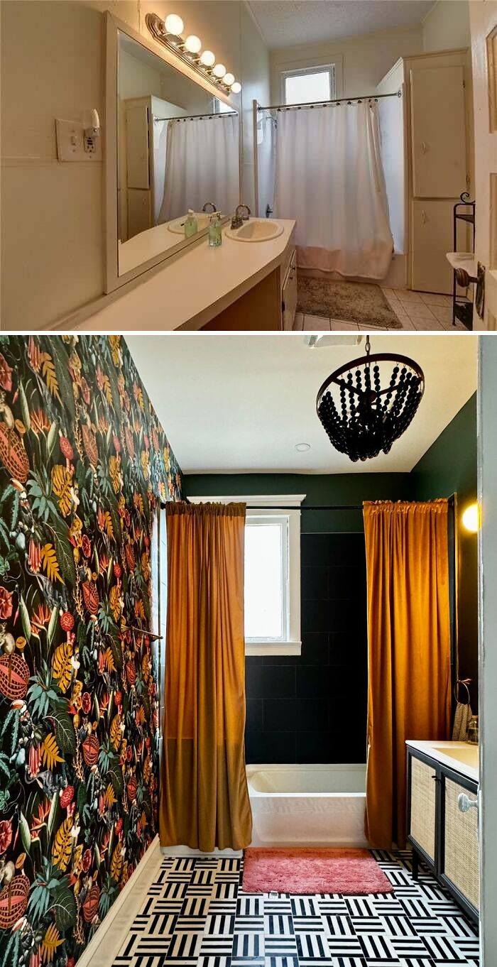 A before-and-after of a bathroom showing a home improvement project with new wallpaper, curtains, and flooring.