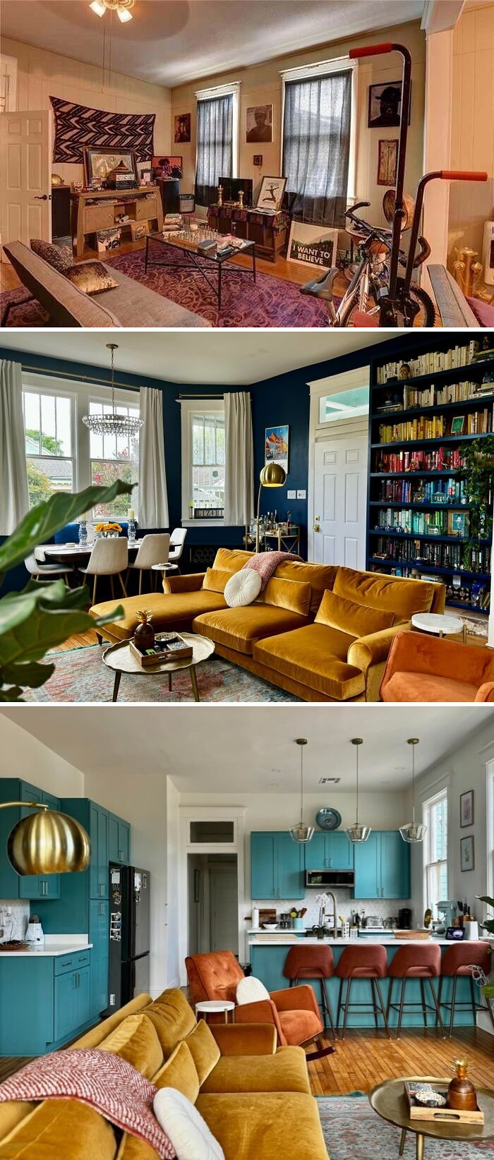 A before-and-after of a living room showcasing a home improvement project with a new sofa and colorful decor.