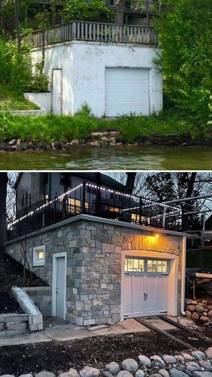 Before and after of a waterside garage transformed with stone siding and new lighting, a beautiful home improvement project.