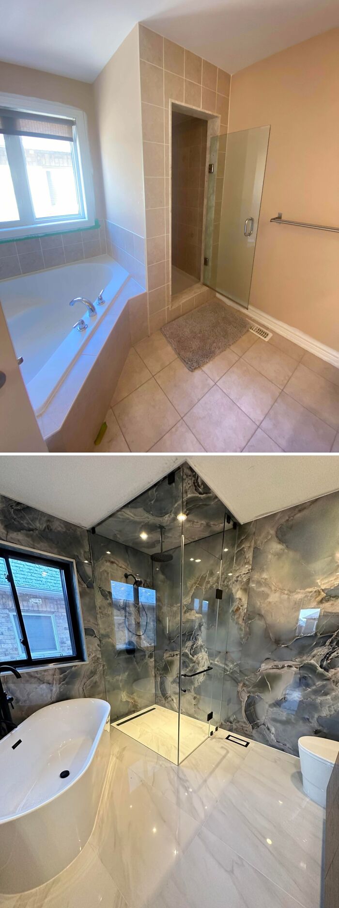 Before and after of a beige bathroom updated with modern gray marble walls and a new bathtub, a wonderful home improvement project.