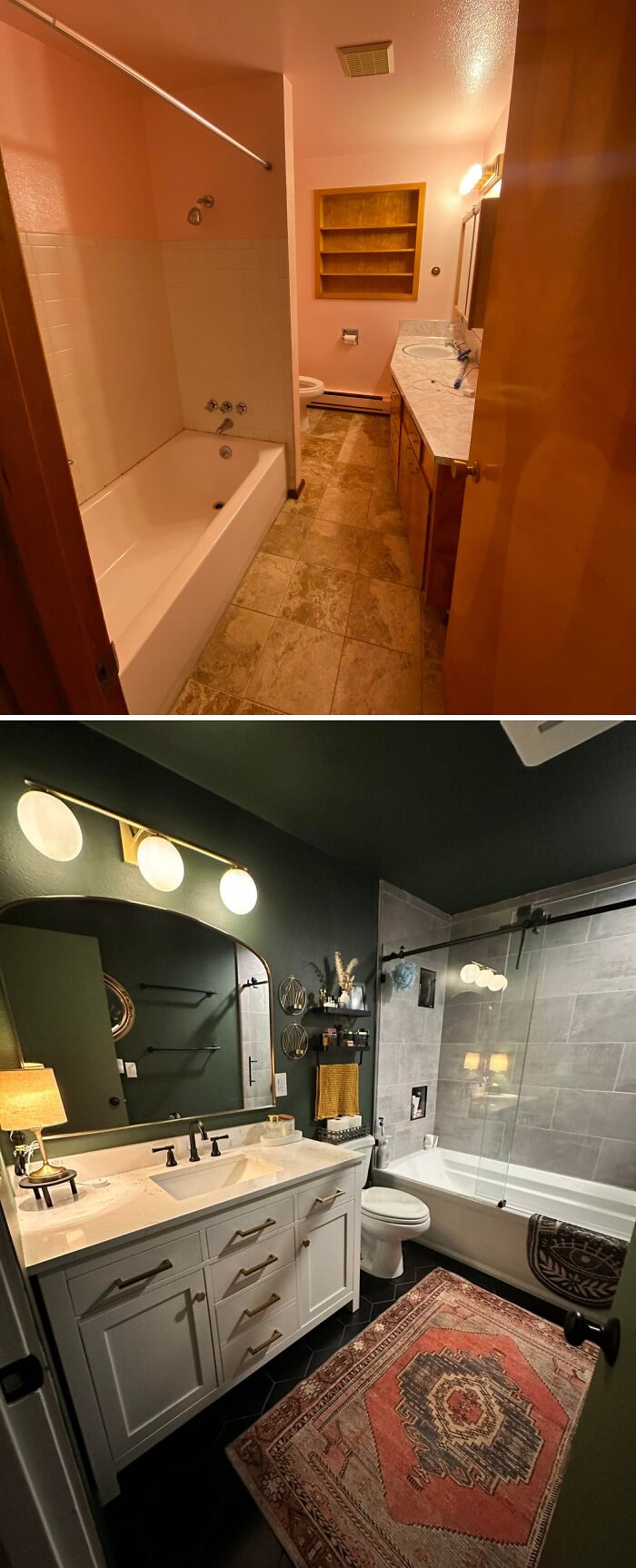 Before and after of a pink-hued bathroom transformed into a modern bathroom with dark walls and a new vanity, a home improvement project.