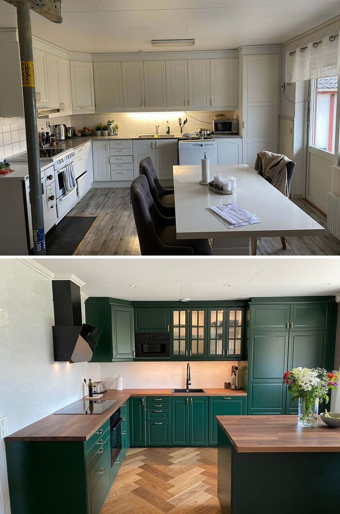 Before and after of a kitchen with white cabinets transformed into a stylish kitchen with dark green cabinets, a cool home improvement project.