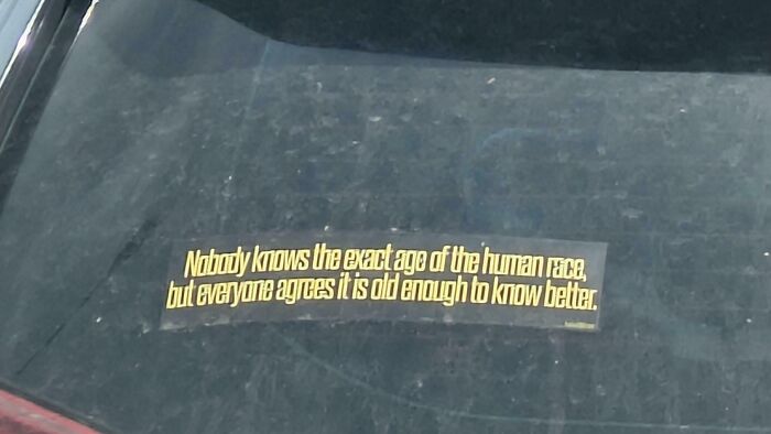 A funny bumper sticker on a car's rear window reads, Nobody knows the exact age of the human race.