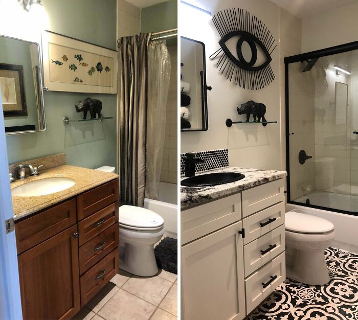 Before and after of a bathroom with an old brown vanity contrasted with a new white vanity, a great home improvement project.