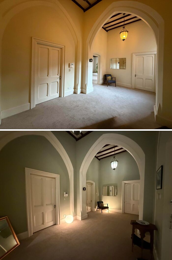 Before and after of a hallway with archways, demonstrating a proud home improvement project.