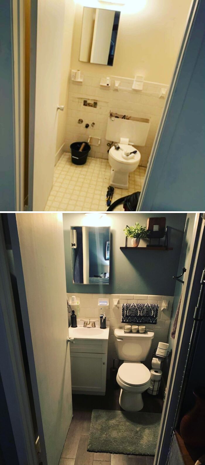Before and after of a bathroom during a home improvement project, showing the renovation process from old to new.