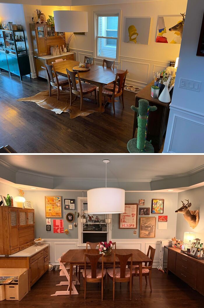 A before and after of a dining room, illustrating a successful home improvement project.