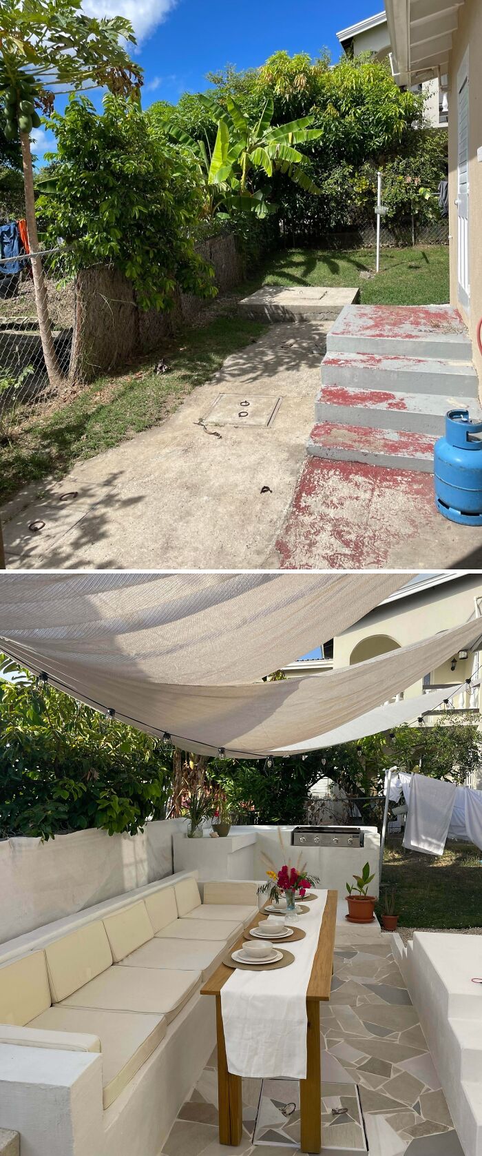 Before and after of an outdoor patio, transformed as a home improvement project with new seating and cover.