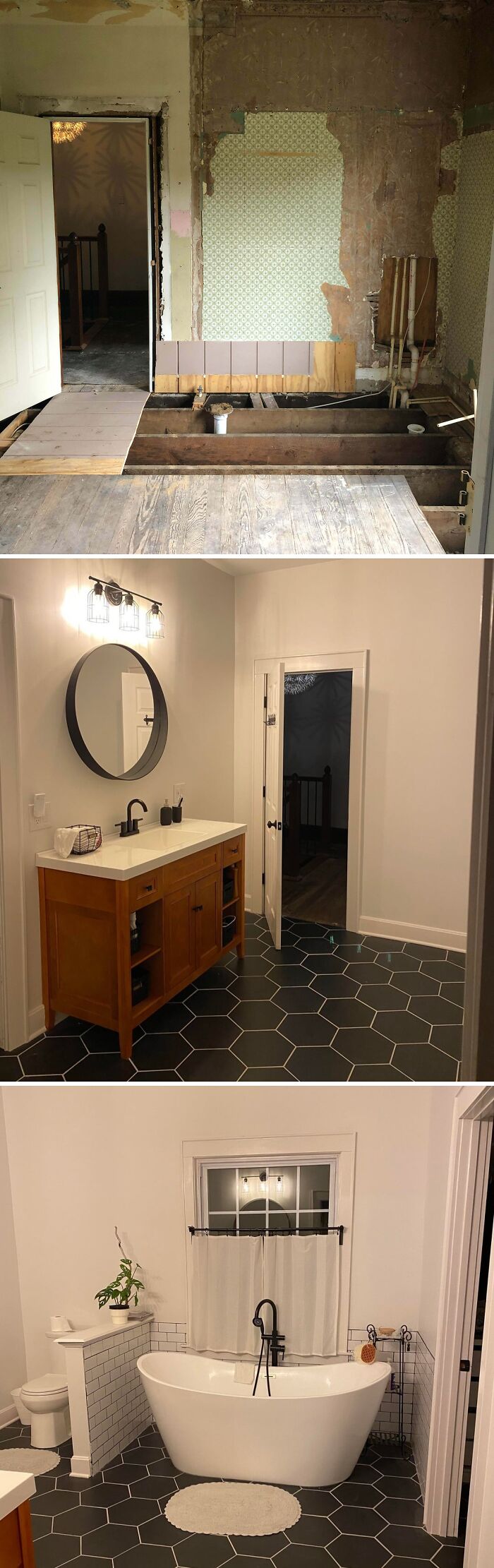 Before and after of a bathroom during a home improvement project, featuring new black hexagonal tiles and a freestanding tub.