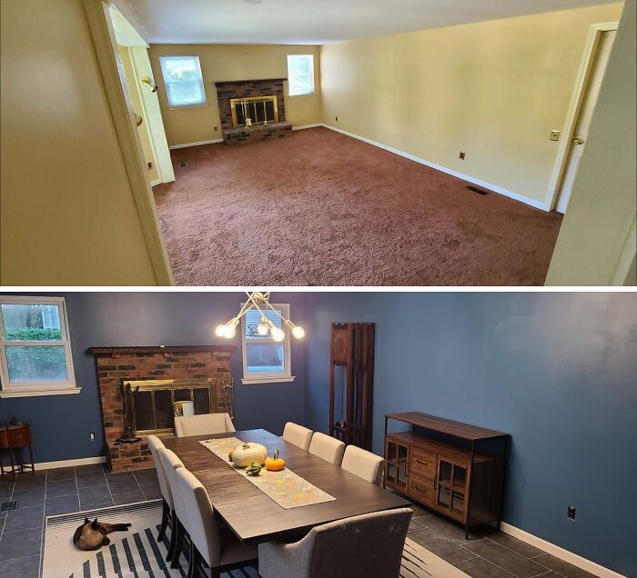 Before and after of a living and dining area, highlighting a home improvement project with new paint, flooring, and furniture.