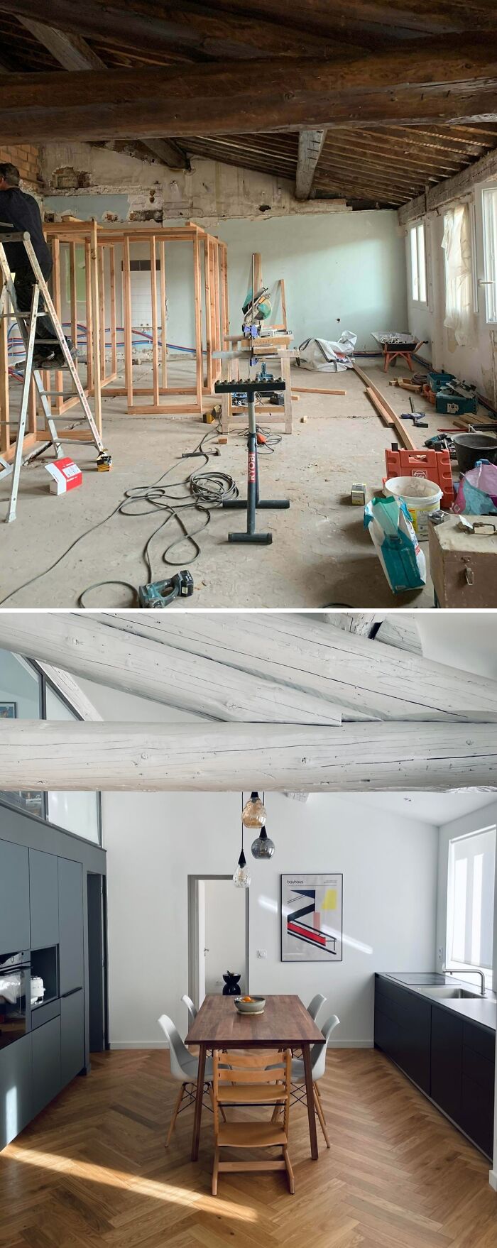 Before and after of a kitchen renovation, highlighting a significant home improvement project.