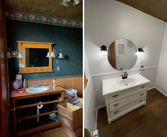 A before and after of a bathroom with a new vanity, showcasing a proud home improvement.