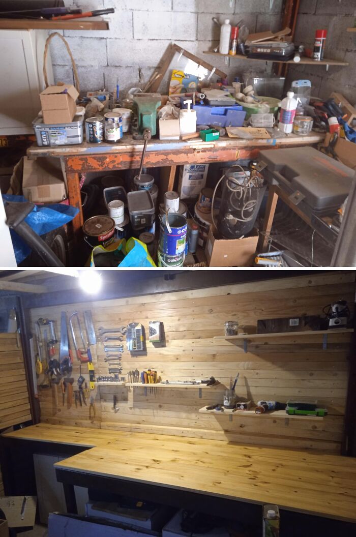Before and after of a garage with a workbench, showing a successful home improvement project.