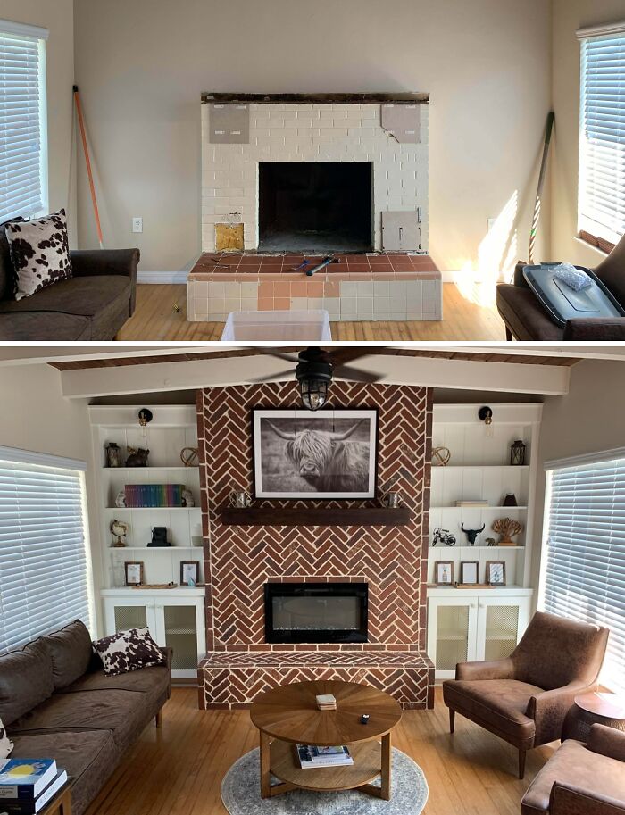 Before and after a fireplace home improvement project, showing a new brick design and built-in shelves.